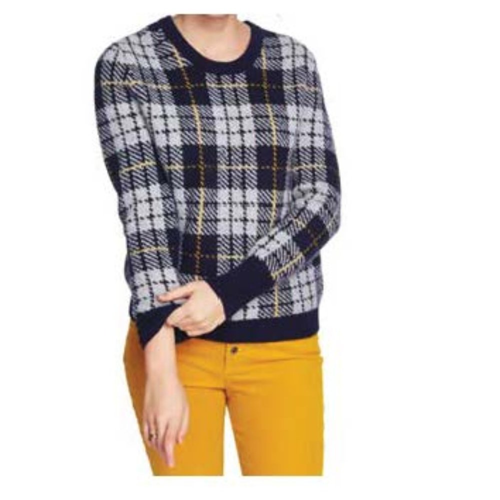 Court & Rowe Navy Plaid Crewneck Long Sleeve Pullover Sweater